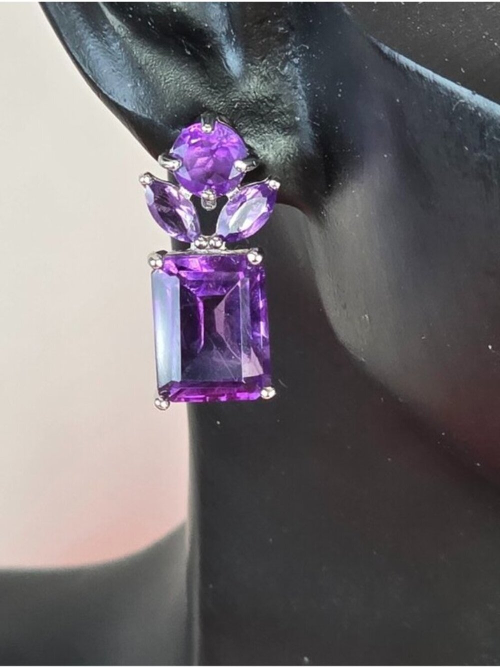 925 Sterling Silver Stud Earrings 0.7x1.5cm with Natural Amethyst Gem
